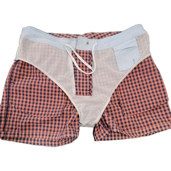 BONOBOS Board Shorts Men's 32x5 Pink Navy Blue Checked Gingham Lined Swim Trunks - Picture 4 of 10